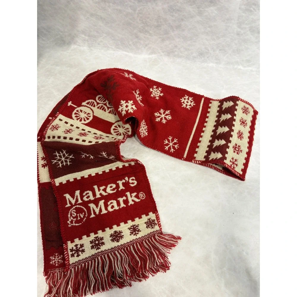 Makers Mark Bourbon Red Cream Snowflake Knit Holiday Scarf Fringe Trim Mens